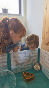 Deux enfants admirant leur hamster qui se trouve dans le parc à hamster Omlet.